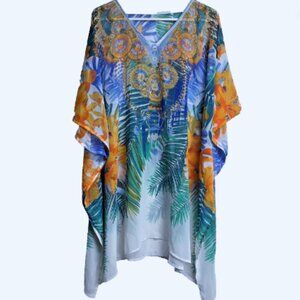 Colorful Embellished Women's Sheer Kaftan One Size White Orange Blue Green Flora